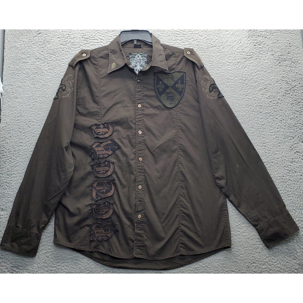 Roar Enough Excuses Shirt Mens Brown Dragon Patch Cotton Regular‎ Fit Button-Up
